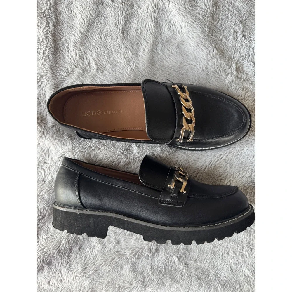 BCBGeneration Tinaa Black Lug Sole Loafers Chain Platform Chunky 9
